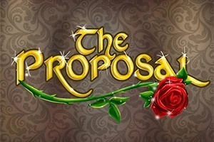 Napis The Proposal w złotym kolorze z czerwoną różą na tle ozdobnych wzorów
