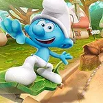 Niebieska postać w białej czapce i spodniach surfuje na liściu w kolorowej wiosce z grzybowymi domkami