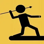 Czarna ikona postaci trzymającej włócznię na żółtym tle