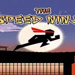 Czarna sylwetka ninja biegnącego po dachu ze wschodzącym księżycem w tle i czerwonym szalikiem na tle niebiesko-pomarańczowego nieba