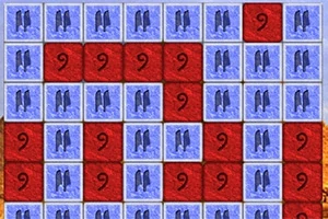 Plansza z czerwonymi i niebieskimi polami z cyframi i symbolami pingwinów