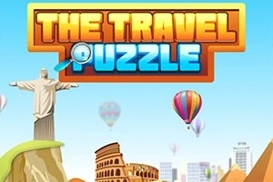 Napis The Travel Puzzle z ikoną lupy, posąg Chrystusa Odkupiciela, Koloseum, balony na tle różnych krajobrazów i budowli