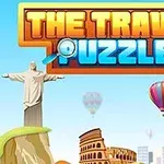 Napis The Travel Puzzle z ikoną lupy, posąg Chrystusa Odkupiciela, Koloseum, balony na tle różnych krajobrazów i budowli