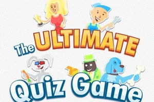 Napis The Ultimate Quiz Game z kolorowymi postaciami, w tym blondynką, mężczyzną w stroju roboczym, psem w okularach i niebieskim psem