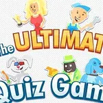 Napis The Ultimate Quiz Game z kolorowymi postaciami, w tym blondynką, mężczyzną w stroju roboczym, psem w okularach i niebieskim psem