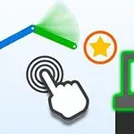 Kolorowa składana linia z zielonym końcem, ręka z ikoną dotyku i pomarańczową gwiazdą na jasnym tle