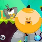 Postać z dużą, okrągłą głową w kolorowym, kreskówkowym krajobrazie z platformami, czaszką i oczami na sprężynach