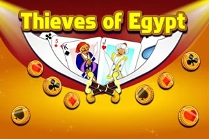 Talia kart do gry z postaciami i monetami na tle z napisem Thieves of Egypt