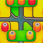 Jasne, kolorowe elementy geometryczne w układzie z żółtymi, czerwonymi i pomarańczowymi stosami, na zielonym i żółtym tle