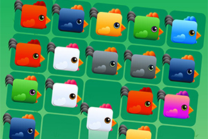 Kolorowe kwadratowe ikonki przedstawiające kury z różnymi kolorami piór ustawione na zielonym tle w formacie siatki