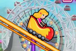 Postać z kreskówki na kolejce górskiej w wesołym miasteczku z diabelskim młynem w tle