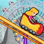 Postać z kreskówki na kolejce górskiej w wesołym miasteczku z diabelskim młynem w tle