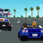 Niebieski samochód sportowy prowadzony przez dwie postacie ściga się z policyjnym radiowozem na autostradzie z palmami w tle