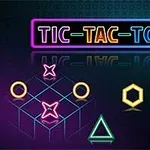 Neonowy napis i symbole geometryczne w jasnych kolorach na ciemnym tle