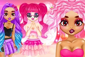 Trzy stylizowane postacie z kolorowymi włosami i modnymi strojami na różowym tle