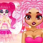 Trzy stylizowane postacie z kolorowymi włosami i modnymi strojami na różowym tle