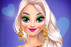 Postać z długimi białymi włosami, dużymi niebieskimi oczami i wyrazistym makijażem na fioletowym tle z sercami