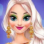 Postać z długimi białymi włosami, dużymi niebieskimi oczami i wyrazistym makijażem na fioletowym tle z sercami