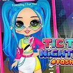 Postać z niebieskimi włosami w jasnych ubraniach na tle miejskiego krajobrazu z neonowym napisem TIC TOC NIGHTLIFE #FASHION