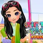 Postać z ciemnymi włosami i dużymi fioletowymi oczami, ubrana w kolorowe ubrania, na tle wieży przypominającej Wieżę Eiffla, z kolorowym napisem TiToc Paris #Fashion