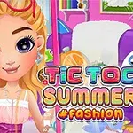 Dziewczyna z długimi blond włosami, kolorowymi akcesoriami i letnim strojem na tle kolorowego pokoju z napisem Tic Toc Summer Fashion