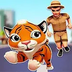 Uroczy tygrys biegnie ulicą przed postacią w stroju safari na tle rozmazanego miasta