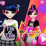 Dwie animowane postacie ubrane w młodzieżowe stroje z kolorowymi tłem, z napisami Tik Tok i Likee