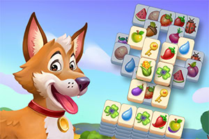 Sympatyczny animowany pies z puzzlami zawierającymi kolorowe owoce i warzywa na tle pogodnego nieba