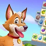 Sympatyczny animowany pies z puzzlami zawierającymi kolorowe owoce i warzywa na tle pogodnego nieba