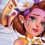 Kobieta z długimi, brązowymi włosami ozdobionymi kwiatem, płacze na tle zaśnieżonego domu