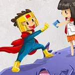 Dwie postacie w kreskówkowym stylu stojące na fioletowej skale, jedna ubrana w strój superbohatera, druga trzymająca kartę