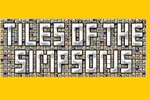 Napis TILES OF THE SIMPSONS złożony z małych obrazków postaci na żółtym tle