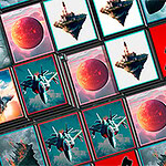 Różnorodne ikony przedstawiające helikoptery, wyspy lewitujące, czerwone planety i sylwetki postaci na czerwonym tle, ułożone w siatkę