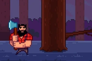 Drwal z brodą w czerwonej koszuli trzyma siekierę stojąc obok drzewa w lesie, w stylu pixel art