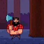 Drwal z brodą w czerwonej koszuli trzyma siekierę stojąc obok drzewa w lesie, w stylu pixel art