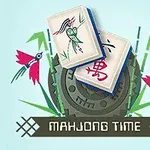 Dwa kafelki z motywem ptaka i chińskim znakiem na tle roślinności, ozdobne koło i napis MAHJONG TIME