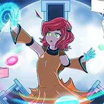 Postać z czerwonymi włosami w stroju science fiction manipulująca niebieską energią i lewitującymi obiektami na tle białej poświaty