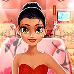 Młoda kobieta o ciemnych włosach siedząca w różowym pociągu z kwiatowymi wzorami na fotelach