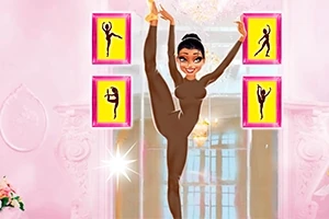 Postać tancerki w brązowym stroju baletowym wykonująca wysoki skok na tle różowej ściany z plakatami baletnic