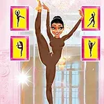 Postać tancerki w brązowym stroju baletowym wykonująca wysoki skok na tle różowej ściany z plakatami baletnic