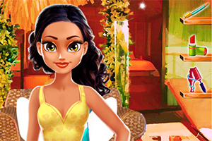 Młoda kobieta o ciemnych włosach i dużych oczach w żółtym stroju, siedzi w salonie z kolorowymi kosmetykami na półkach w tle