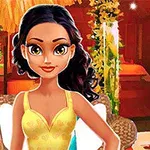 Młoda kobieta o ciemnych włosach i dużych oczach w żółtym stroju, siedzi w salonie z kolorowymi kosmetykami na półkach w tle