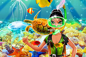 Postać w stroju do nurkowania z maską i rurką pod wodą, otoczona kolorowymi rybami, meduzami i żółwiem na tle rafy koralowej