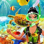 Postać w stroju do nurkowania z maską i rurką pod wodą, otoczona kolorowymi rybami, meduzami i żółwiem na tle rafy koralowej