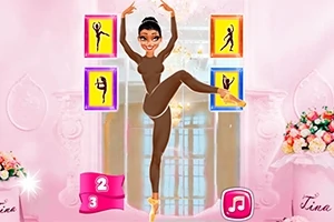 Animowana postać baletnicy w brązowym stroju wykonująca elegancką pozę na tle jasnoróżowego wnętrza z kwiatami