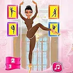 Animowana postać baletnicy w brązowym stroju wykonująca elegancką pozę na tle jasnoróżowego wnętrza z kwiatami