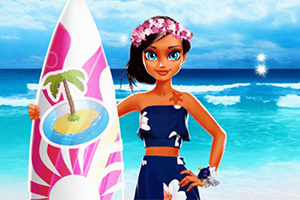 Postać z ciemnymi włosami i różowym wiankiem na głowie, trzymająca kolorową deskę surfingową na tle plaży i morza