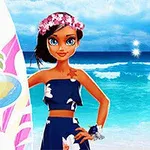 Postać z ciemnymi włosami i różowym wiankiem na głowie, trzymająca kolorową deskę surfingową na tle plaży i morza