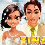 Para młoda na tle tropikalnego krajobrazu, z uśmiechniętą panną młodą w sukni ślubnej i panem młodym w garniturze