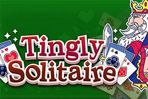Zielone tło z napisem Tingly Solitaire, kartami do gry i grafiką przedstawiającą postać króla trzymającego miecz